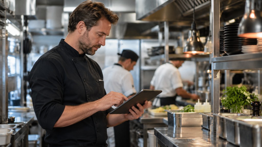 Kok in de keuken checkt taken op een tablet