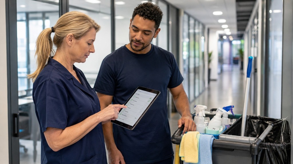 Schoonmakers gebruiken een digitale checklist-app op locatie