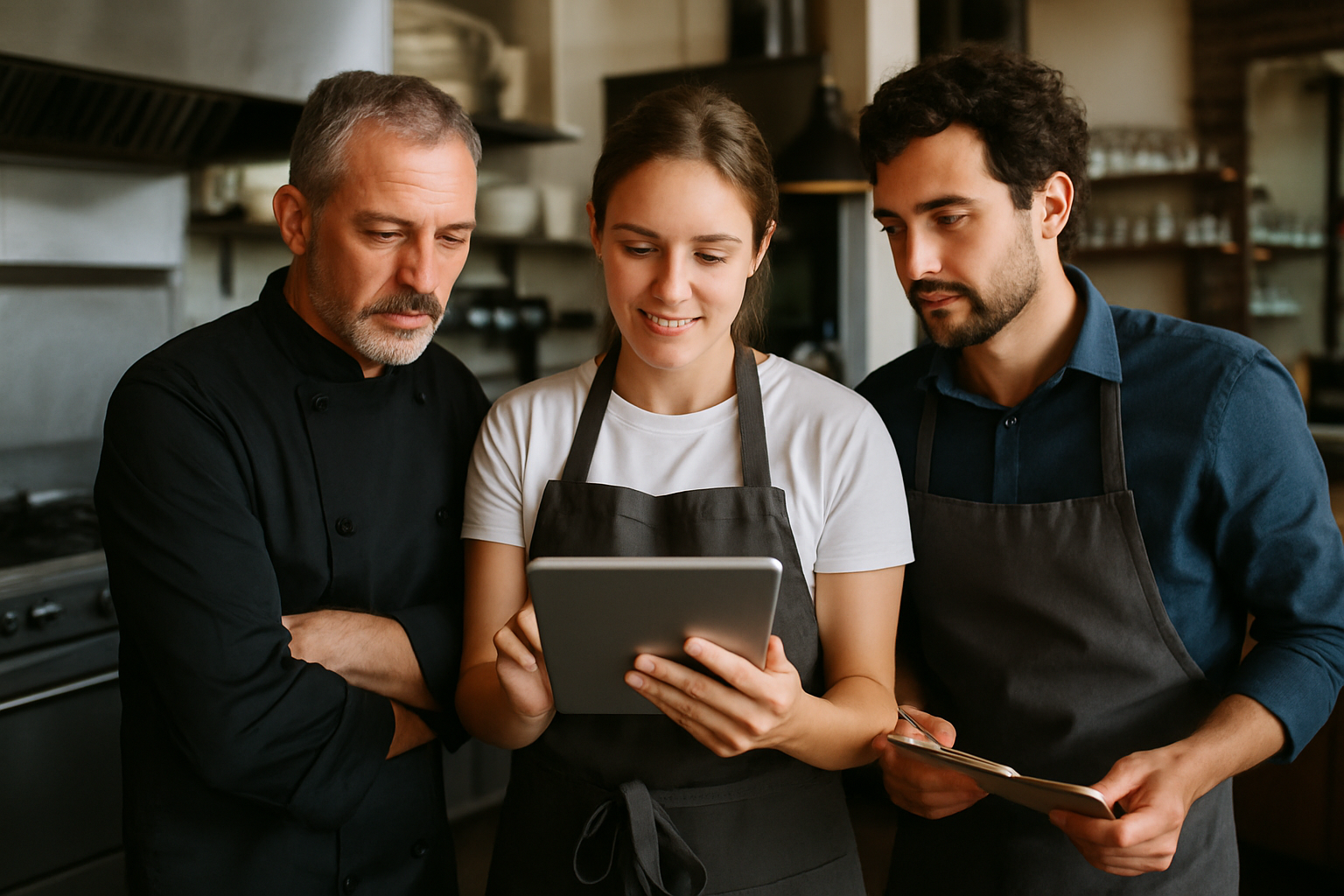 Horecamedewerker voert digitale controle uit in restaurantkeuken