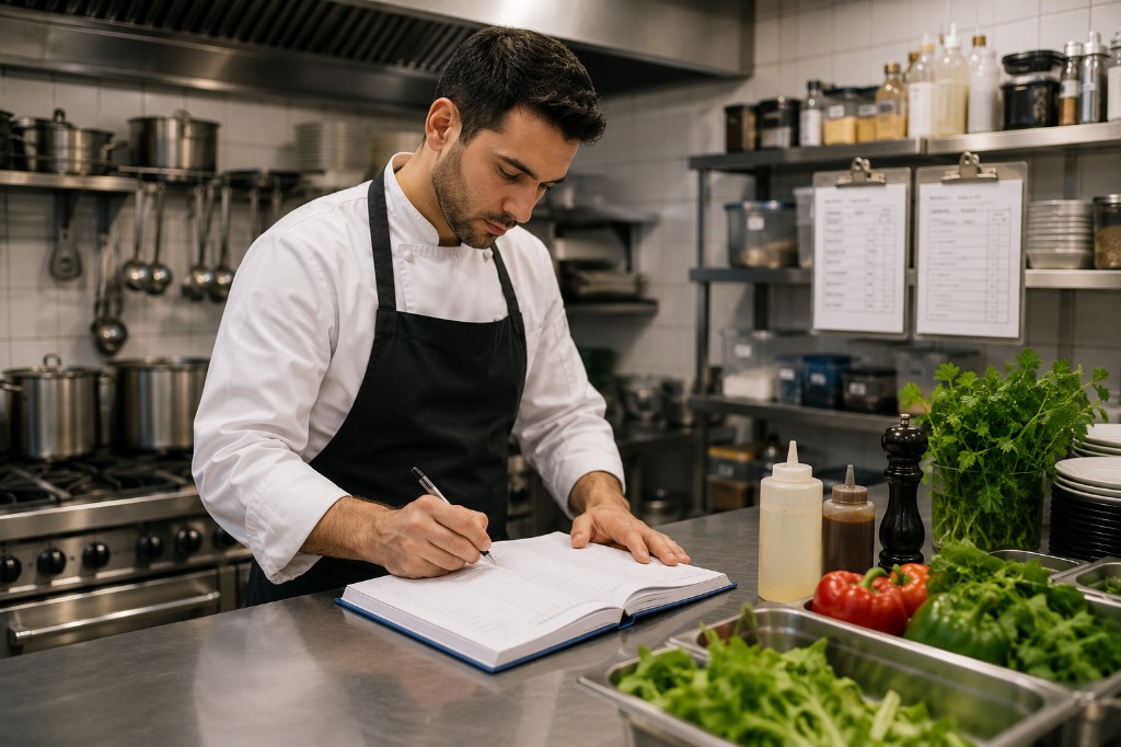 Logboek horeca: kok vult HACCP-registratie in aan de keukenwerkbank