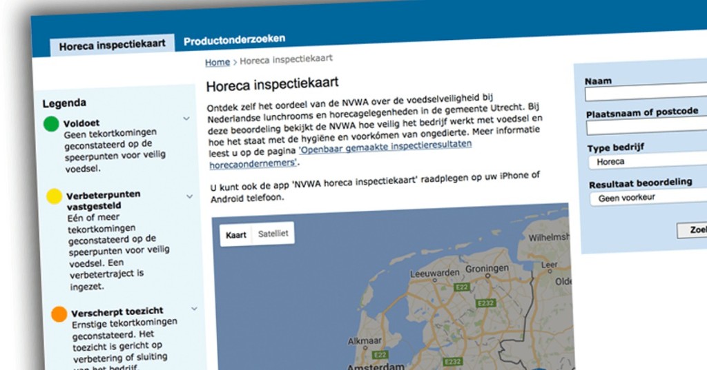 NVWA Horeca inspectiekaart met beoordelingen van horecazaken
