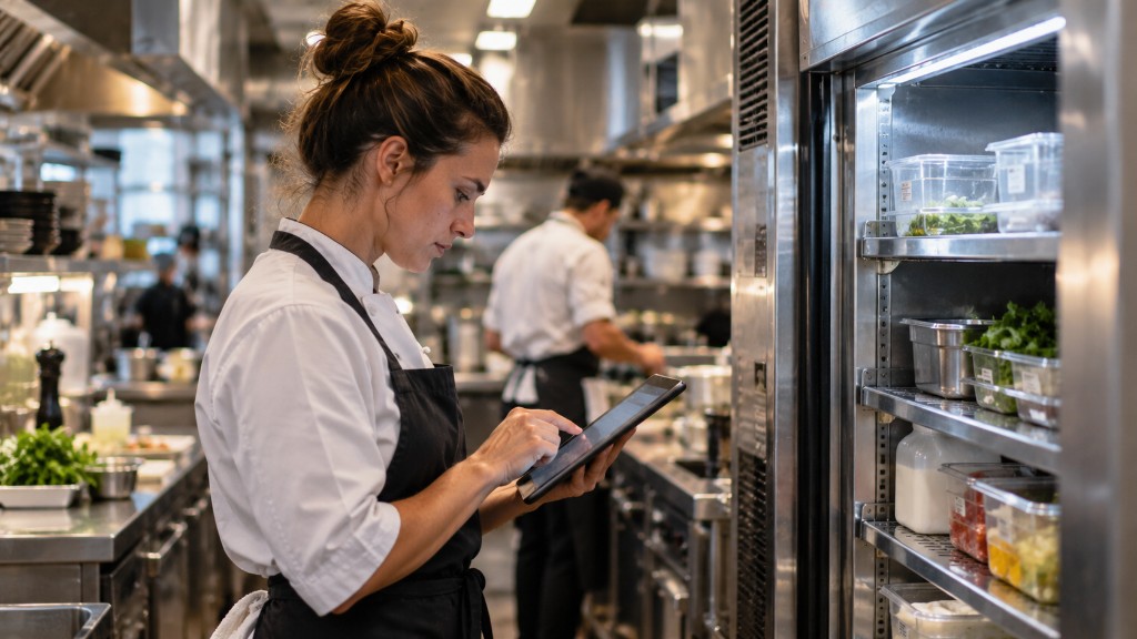 Kok in de keuken controleert taken op een tablet bij de koeling