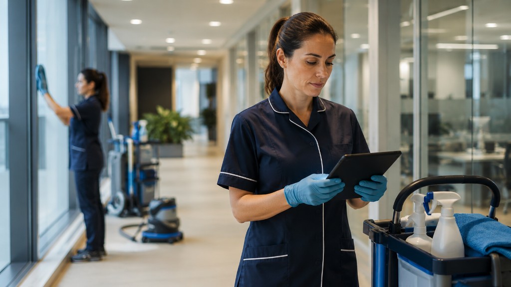 Schoonmaakteam met tablet — TaskCheck op locatie