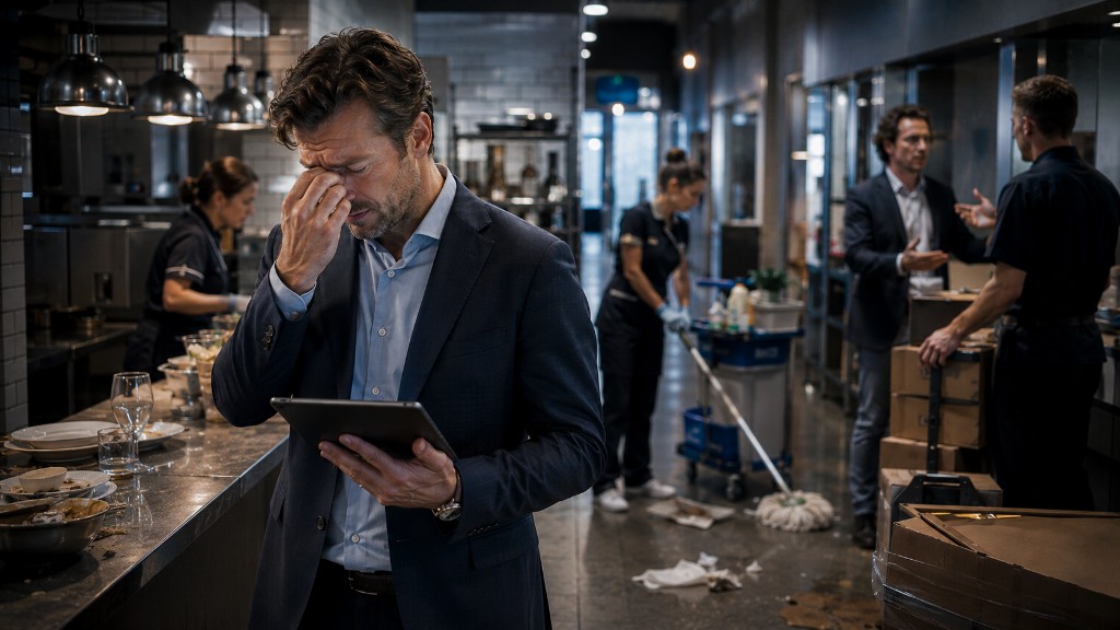 Manager met tablet in drukke bedrijfsomgeving — herkenbare stress door chaos en gebrek aan overzicht op de werkvloer