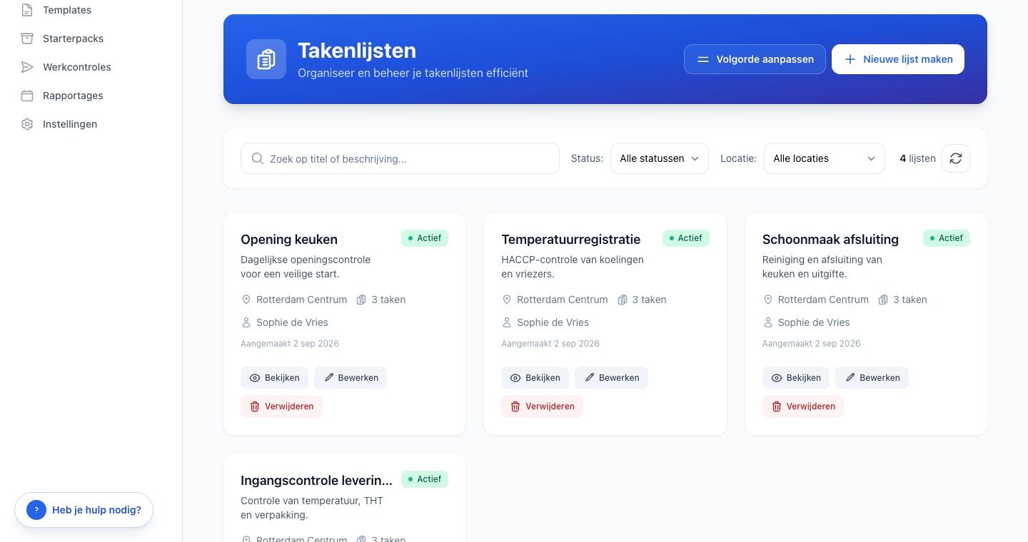 TaskCheck takenlijsten met Opening keuken, Temperatuurregistratie en Schoonmaak afsluiting
