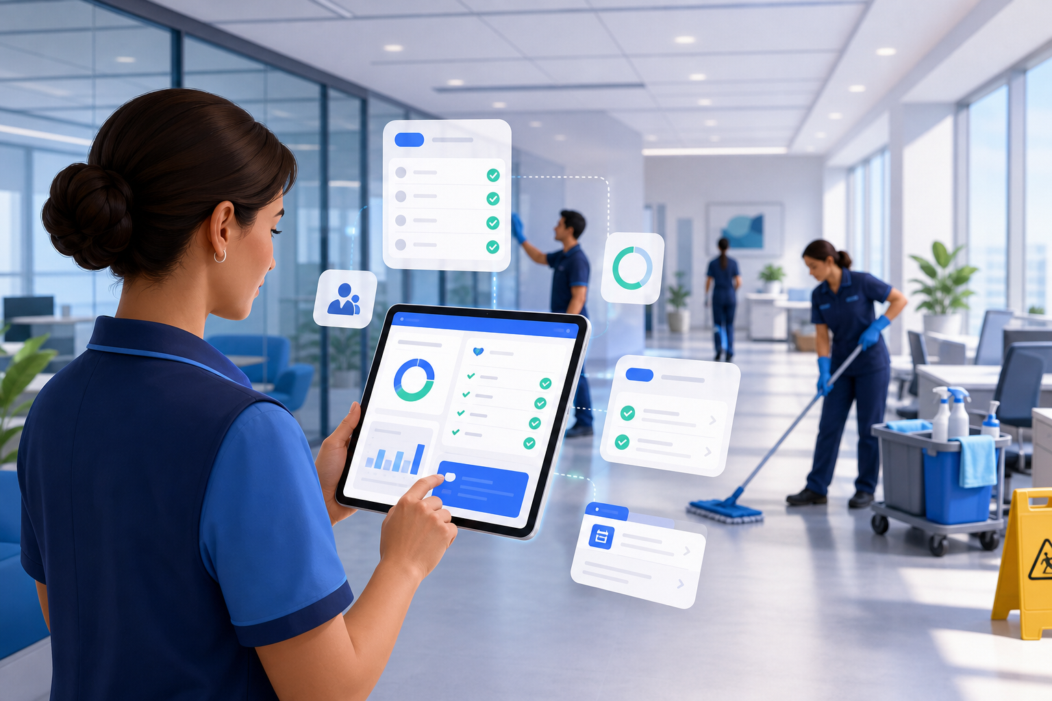 Schoonmaker met digitale checklist op tablet