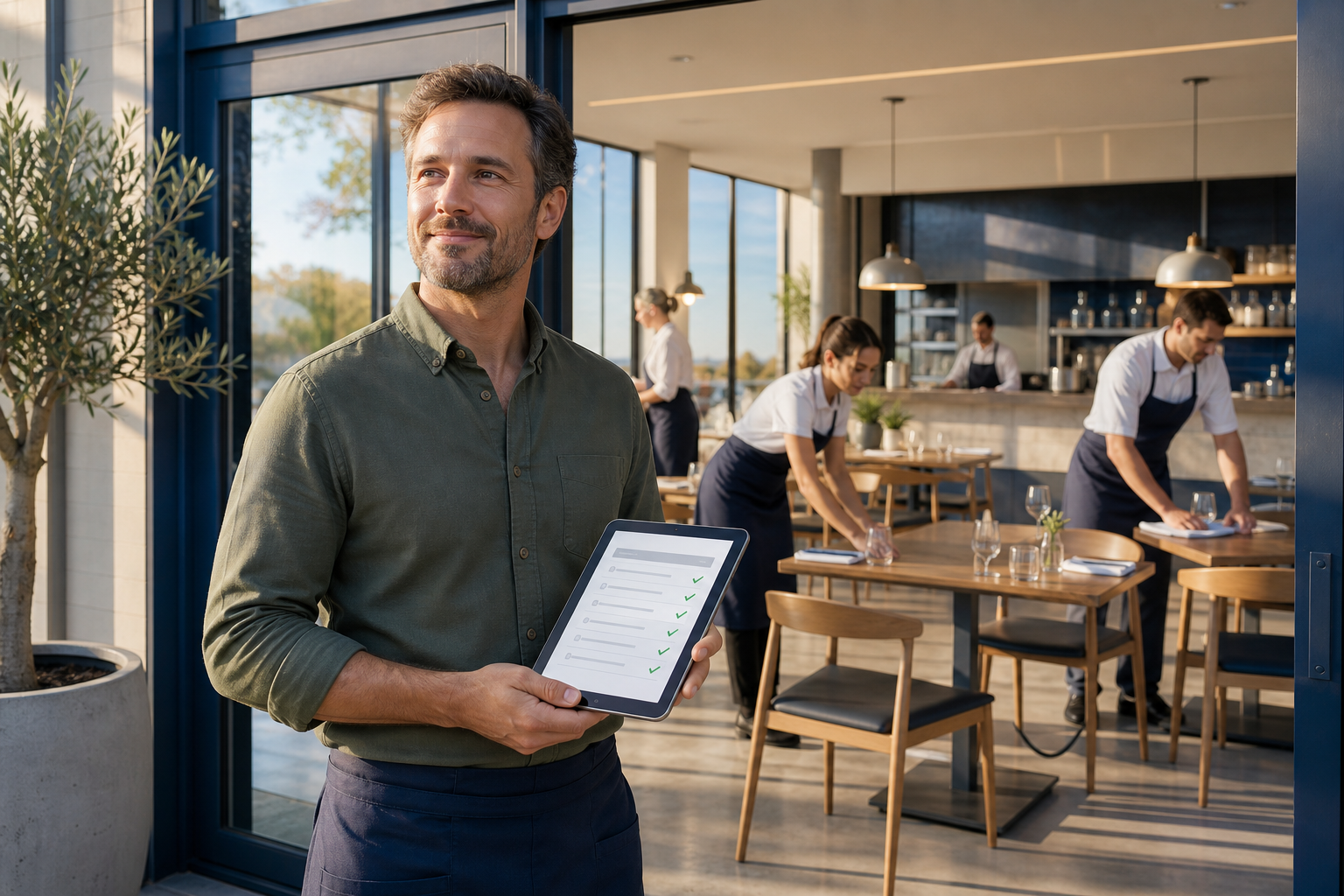 Restaurant manager met opening checklist op tablet, personeel bereidt zich voor op de dag