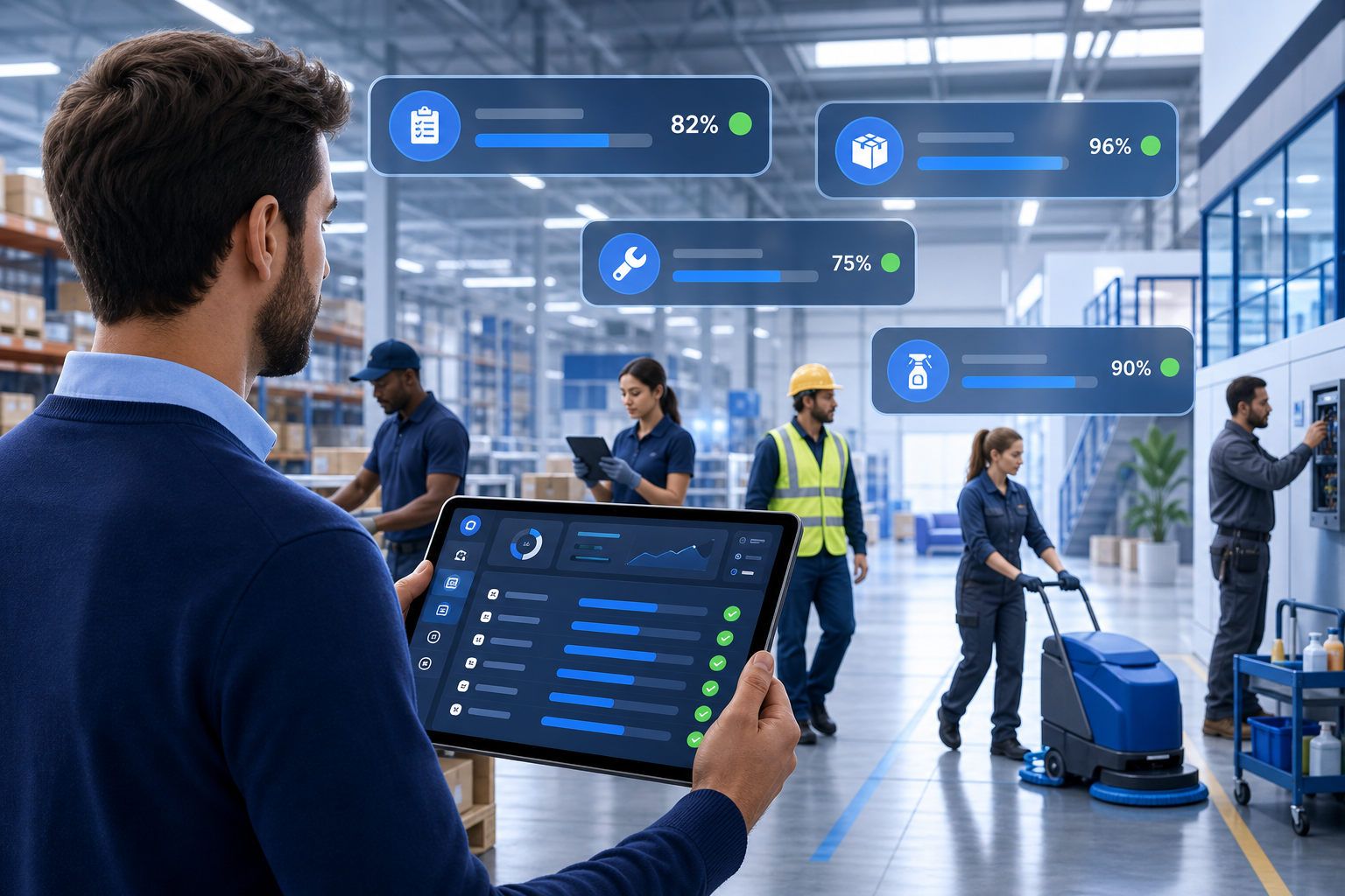 Werkcontrole app – manager met tablet controleert taakvoortgang van team in real-time