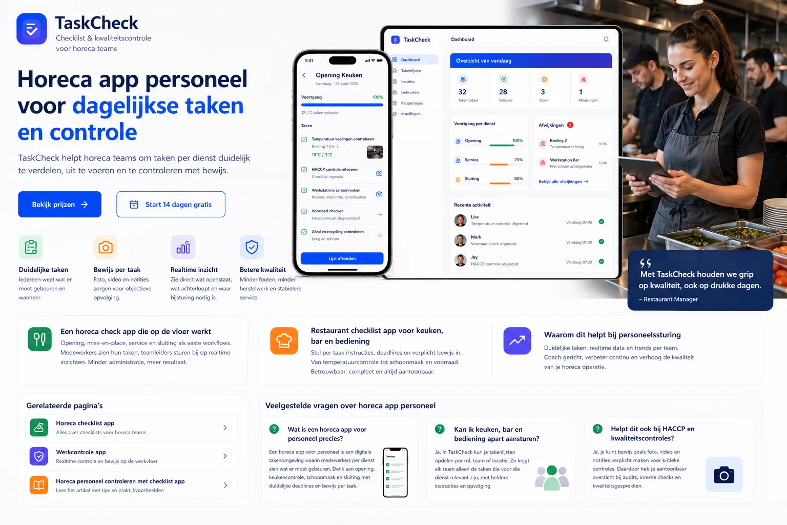 Horeca app personeel – TaskCheck takenlijsten voor keuken, bar en bediening
